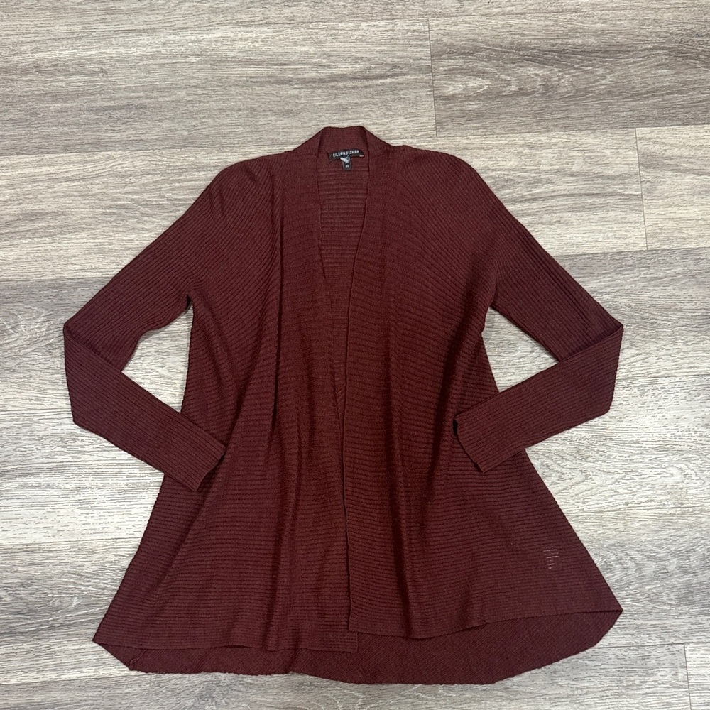 Eileen Fisher Rich Maroon Open Front Cardigan Wool Waterfall Front Ribbed